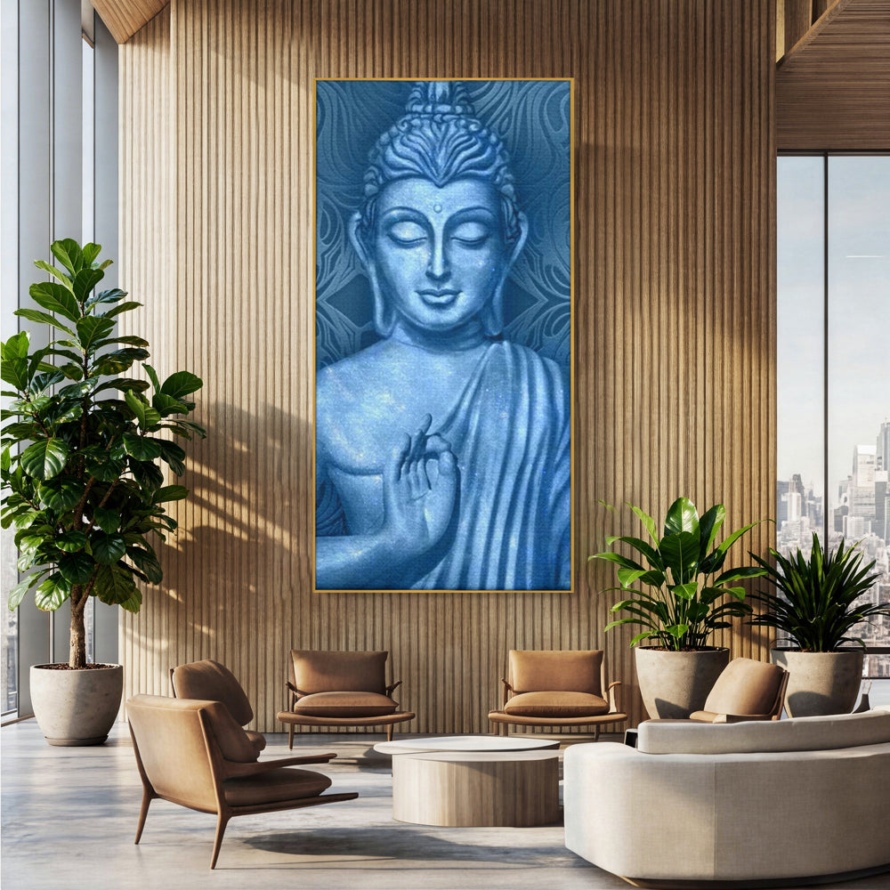 Tablou canvas cu tablou canvas cu buddha albastru, in rama de aluminiu auriu, pe perete intr-un birou